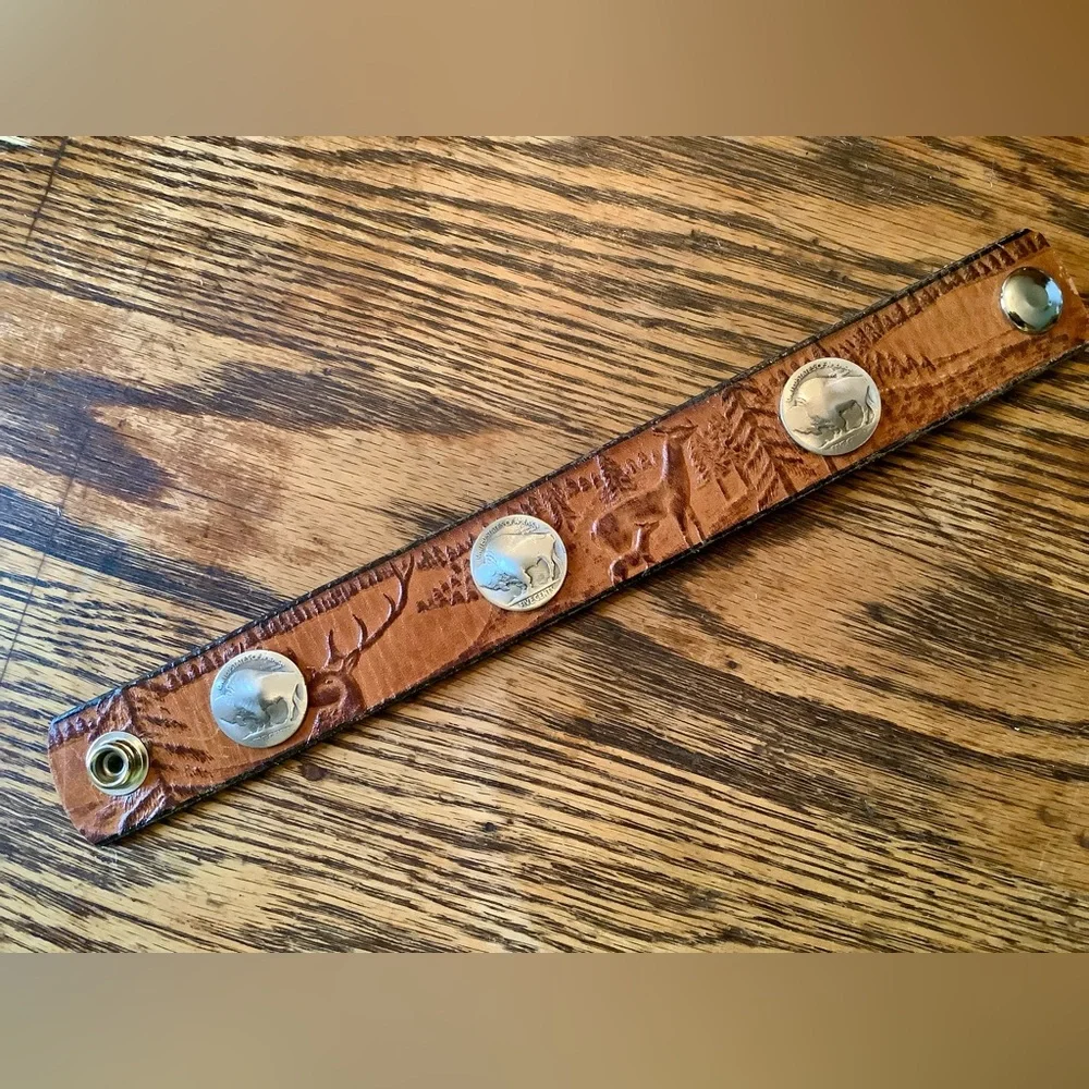 Leathercuff , triple Buffalo Nickel, up to 7 1/2” wrist